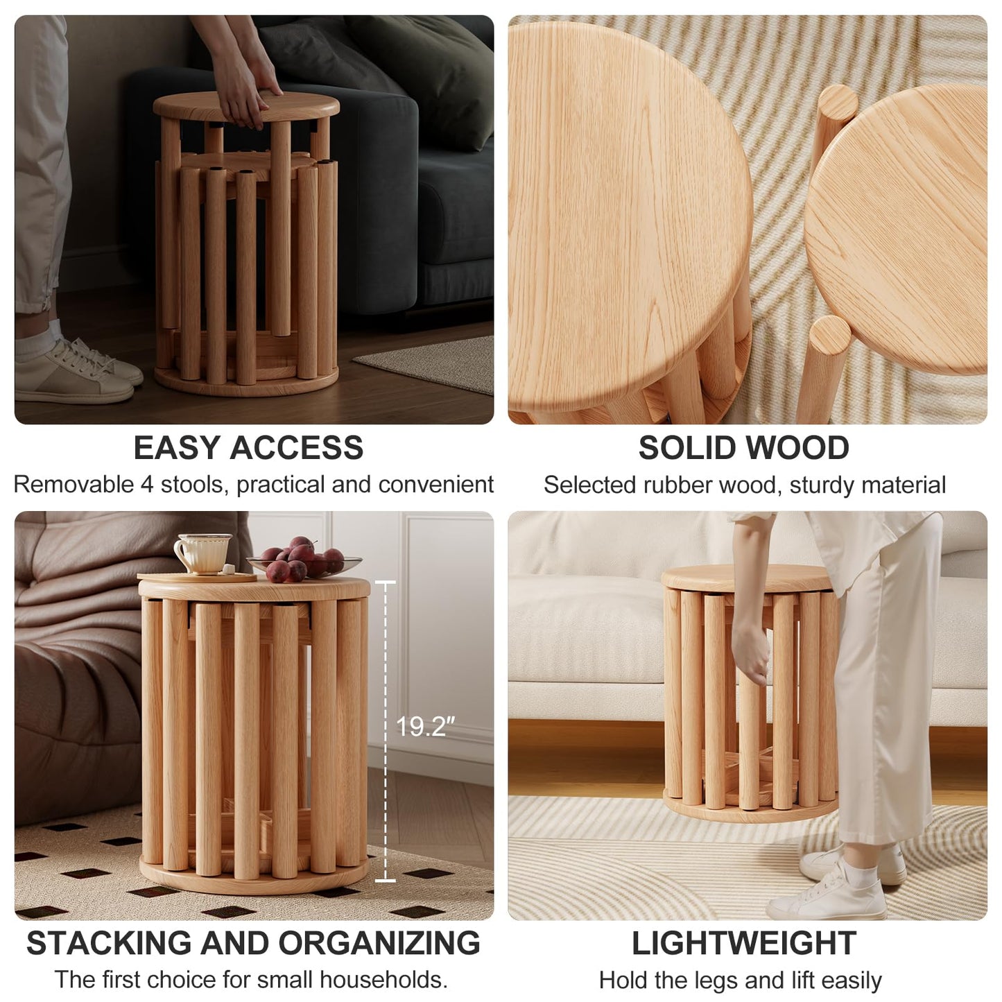 YQJJGL 4PCS Wood Stools, Rustic Stool, Wooden Chair, Kitchen Stools, Stackable Round Stools for Dining Room, Living Room, Classroom, Bedroom
