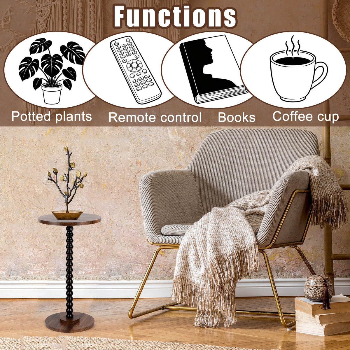 Penitue Small Round Side Coffee Table, Sturdy Wooden Round End Drink Tables Vintage Small Spaces