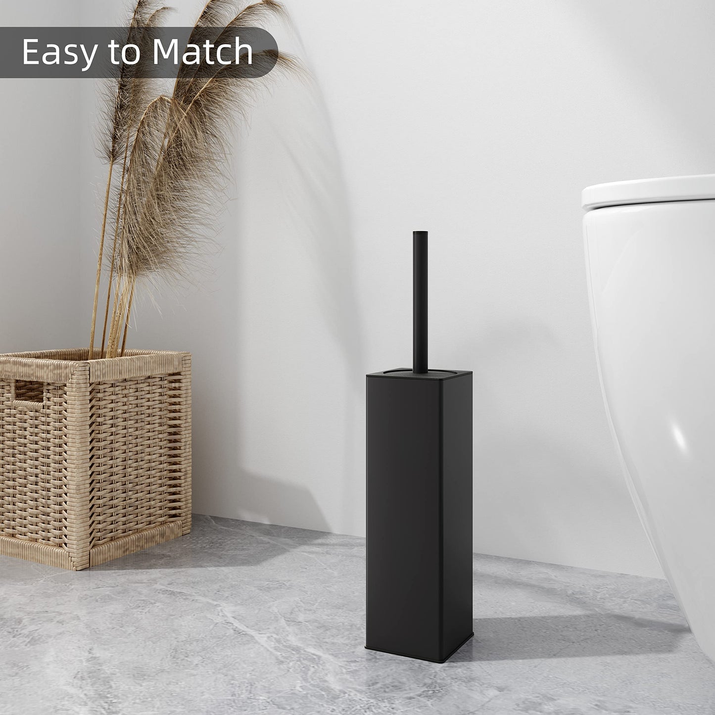 BVL Black Toilet Brush, 2 Piece Square Silicon Toilet Brush and Holder, Free Standing Toilet Brush Including 4 Quick Drying Brush Heads