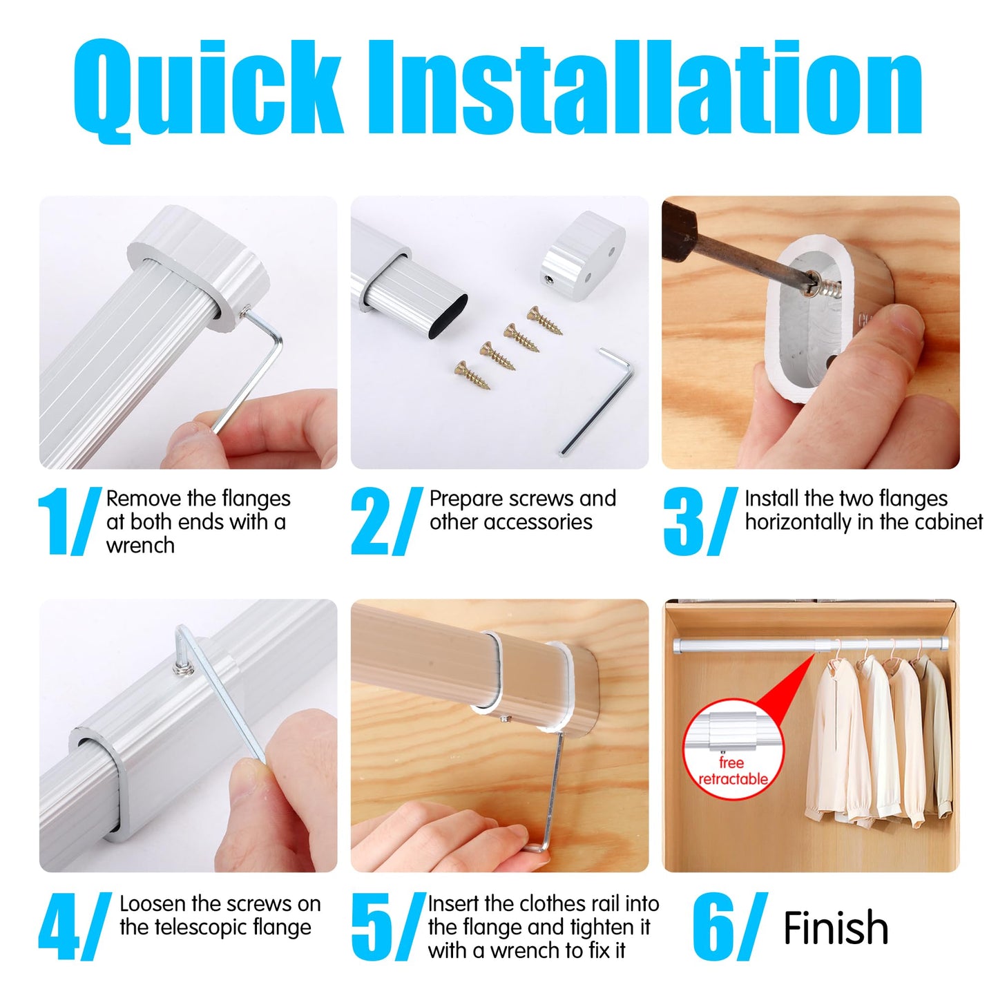 2 Pack Wardrobe Rail Extendable, Wardrobe Rail 42-70cm, Hanging Rails for Clothes, Wardrobe, Shower, Kitchen, Windows with End Sockets, Screws