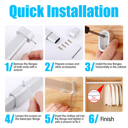 2 Pack Wardrobe Rail Extendable, Wardrobe Rail 42-70cm, Hanging Rails for Clothes, Wardrobe, Shower, Kitchen, Windows with End Sockets, Screws