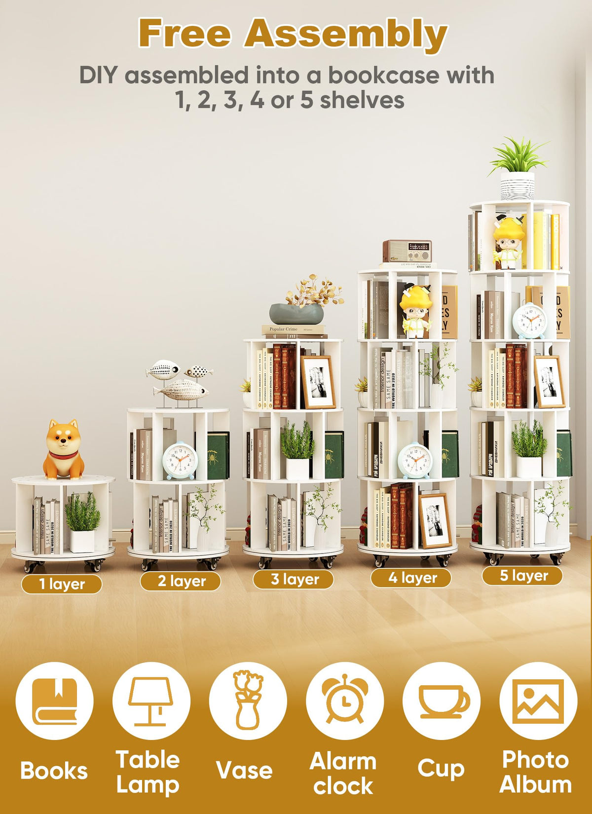 Suuiwau 5 Tier Rotating Bookshelf, 360° Revolving Bookcase with Wheels