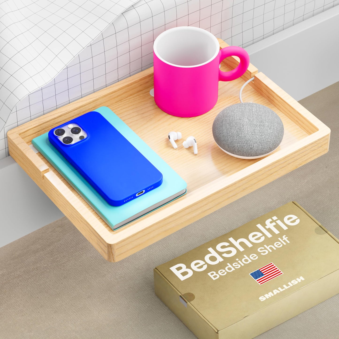 BedShelfie Bedside Shelf for Bunk Bed & Top Bunk, College Dorm Room Essentials, Loft Nightstand, Floating Bed Side Table Tray Storage, Dorm Room Decor