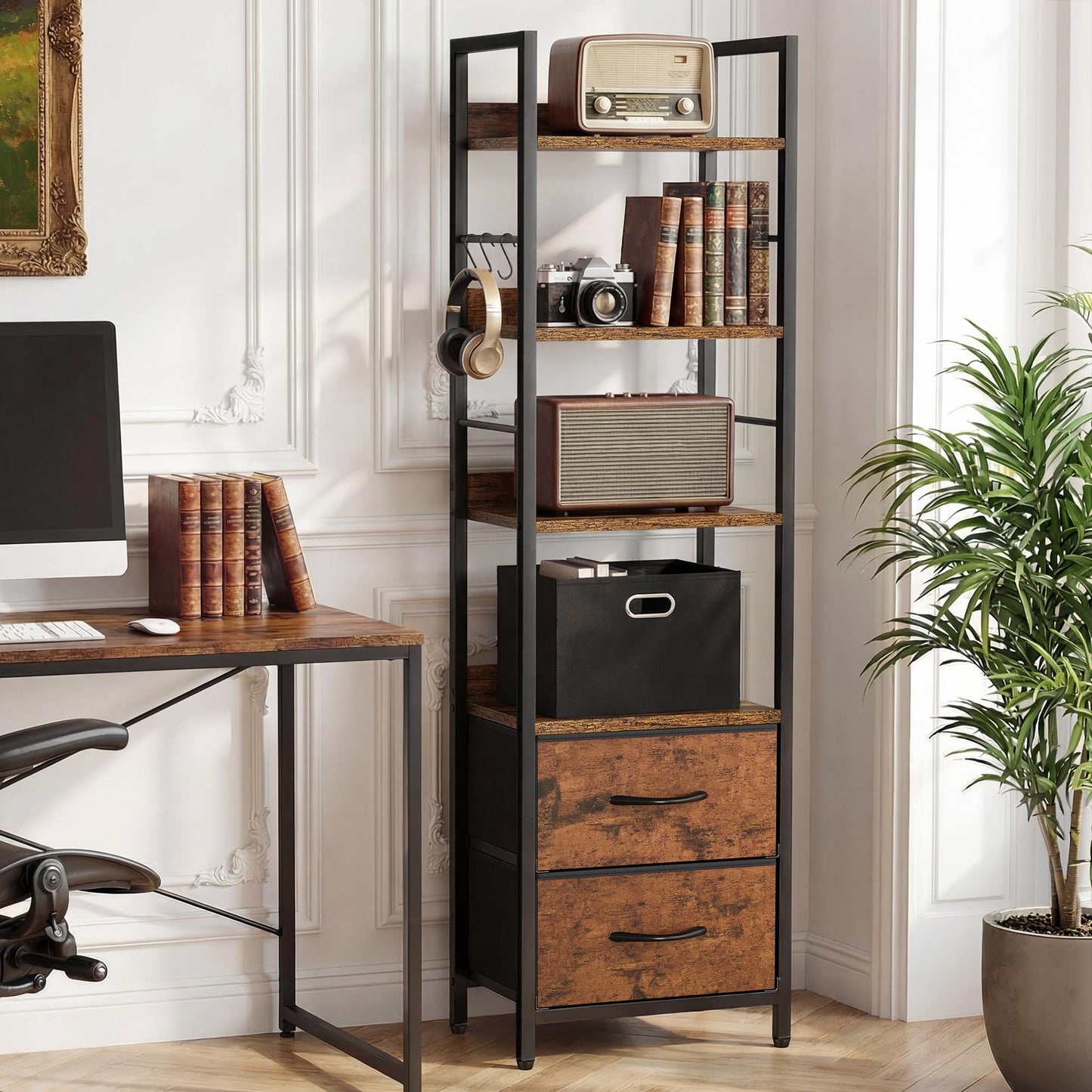 YITAHOME Industrial Bookshelf, 4-Tier Bookcase with Adjustable Shelves & 2 Fabric Drawers
