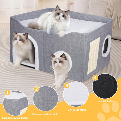 GDGZT Cat Bed for Indoor Cats, Foldable Cat House with Cube Cat Beds- Large Soft Cat Cave Bed with Cat Scratching Board, Covered Cat Hideaway for Cat