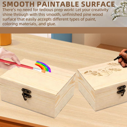 VIKOS Products (2-Pack Unfinished Unpainted Wooden Box with Hinged Lid for Crafts DIY Storage Jewelry Plain Pine Box - Small 6.7"x5.1"x3.1"