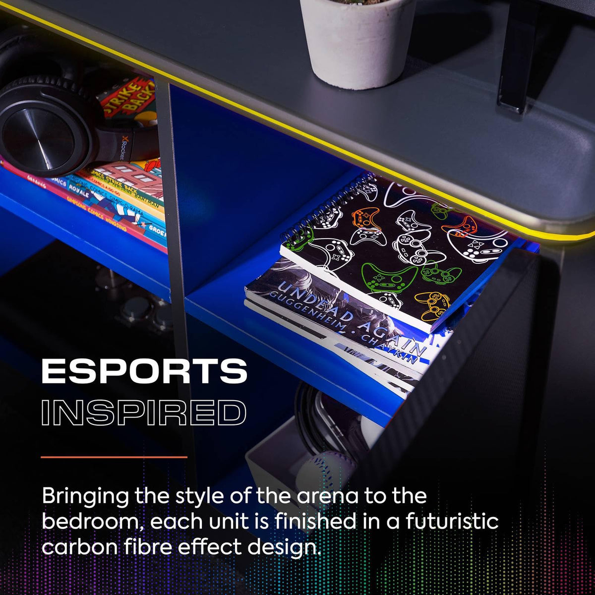 X Rocker Carbon-Tek 100cm Width, RGB LED TV Stand Media Centre - Neo Fibre Lighting, 2 Open Shelves, 2 Shelf Storage Cupboard