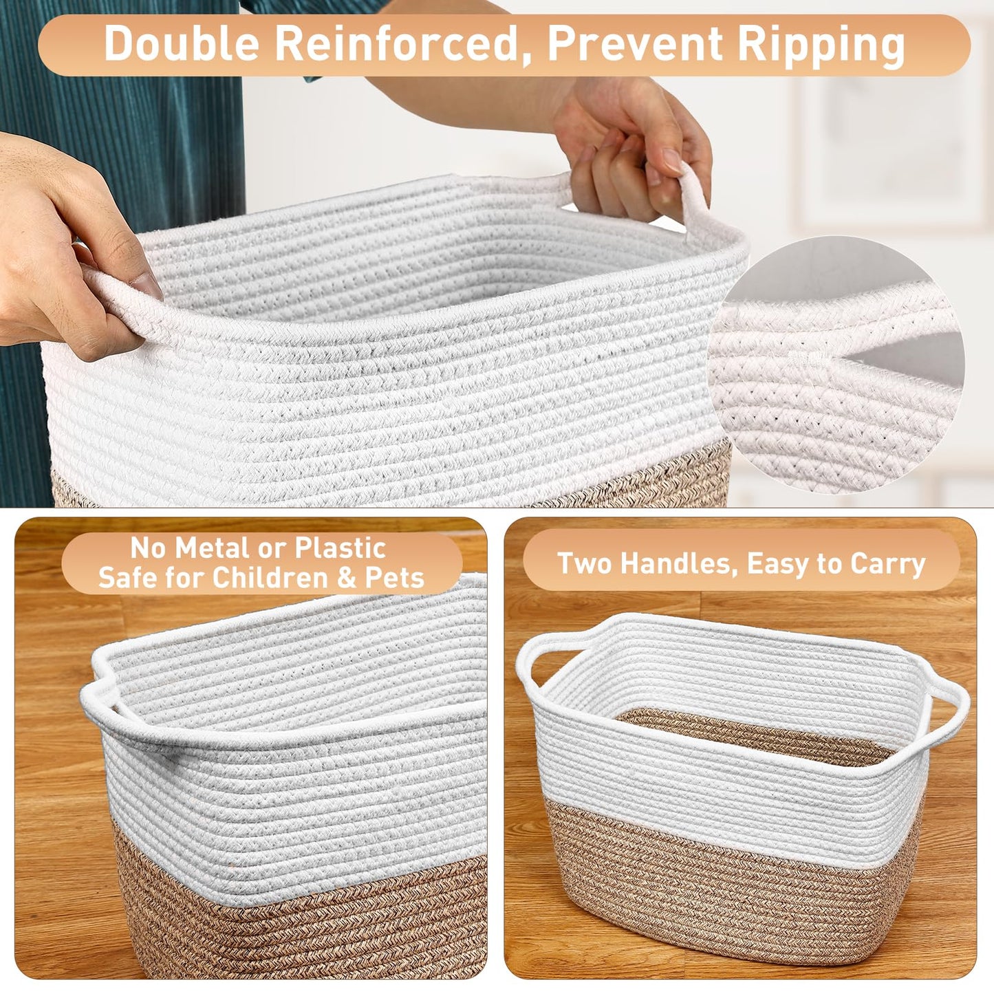 Lychico Cotton Rope Woven Basket with Handles for Shelves,Toys,Book, Cloth Storage Baskets Bin for Organizing