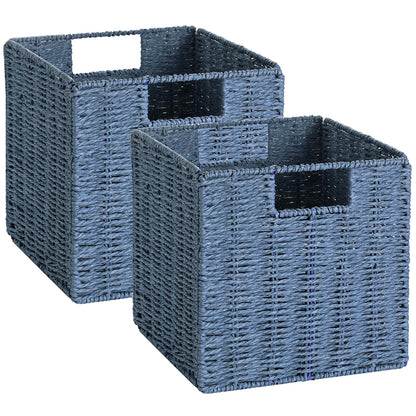 Vagusicc Wicker Storage Basket, Set of 2 Handwoven Wicker Basket for Storage, Foldable Storage Baskets Organizer Cube Bins with Handles for Shelves