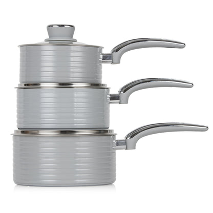 Swan SWPS3020GRN Retro Induction Saucepan Set With Glass Lids, Non Stick Ceramic Coating, Easy to Clean, Grey, 3 Piece, 16/18/20 cm