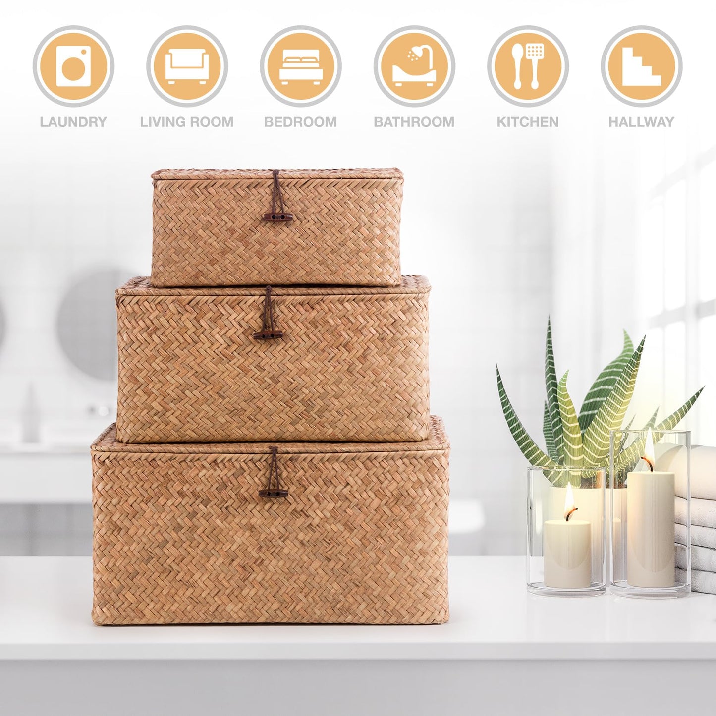 Woodluv Set of 3 Seagrass Storage Box with Lid, Lightweight Woven Basket for Shelves, Lidded Organiser Hamper Baskets, Brown