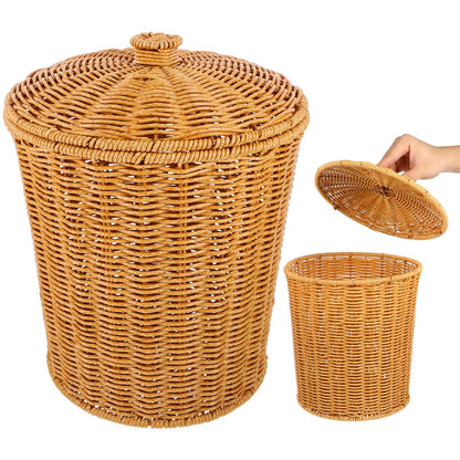 TOYANDONA Wicker Trash can Rattan Round Waste Basket with Lid Wicker Wastebasket Woven Storage Basket Clothes Container for Bathroom, Kitchen