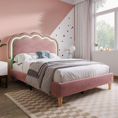 Merax Single bed frame, 3ft Single Upholstered Bed, Adjustable Height Puff Shaped LED Headboard, Sturdy Wooden Slat Support, Velvet Fabric