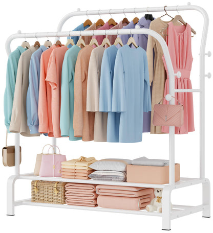 OPPAIYA Heavy Duty Clothes Rail with Double Hanging Rods & 8 Hooks,Clothing Rack with Wide Bottom Base