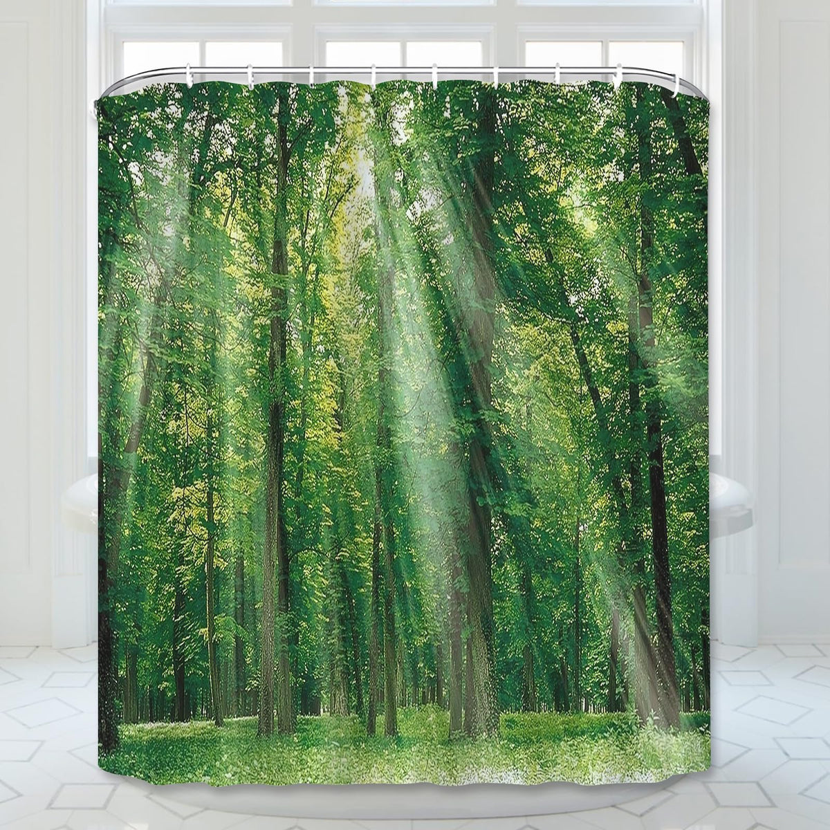 Simpomsy Green Forest Shower Curtain, Green Jungle Tall Trees Sunshine Shower Curtains, Nature Landscape 3D Scenery Bathroom Curtains