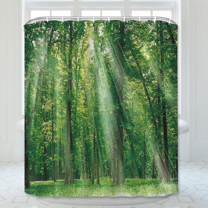 Simpomsy Green Forest Shower Curtain, Green Jungle Tall Trees Sunshine Shower Curtains, Nature Landscape 3D Scenery Bathroom Curtains