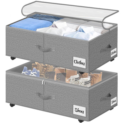 Kukikan Under Bed Storage on Wheels, 2-Pack 24 CM XXL 75L Rolling Under Bed Storage Bag with Zip