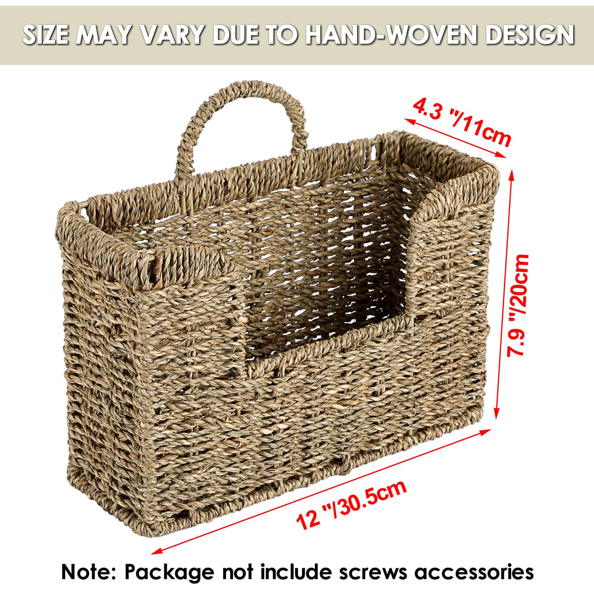 BSTKEY Seagrass Wall Mounted Mail Organizer with Handle, 30.5 * 11 * 20cm