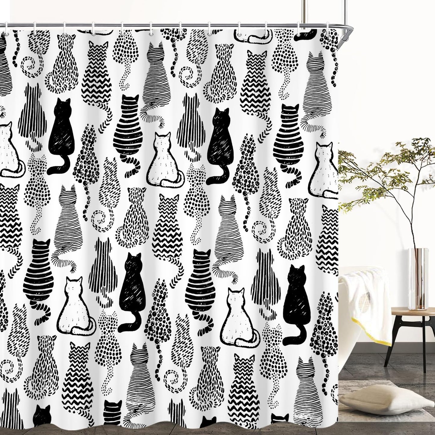 GCIREC Shower Curtain, 180x200cm, Cute Cat Funny Black and White Cartoon Kitty Waterproof Fabric Machine Washable Bathroom Curtain with Hooks