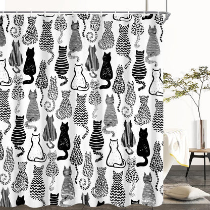 GCIREC Shower Curtain, 180x200cm, Cute Cat Funny Black and White Cartoon Kitty Waterproof Fabric Machine Washable Bathroom Curtain with Hooks