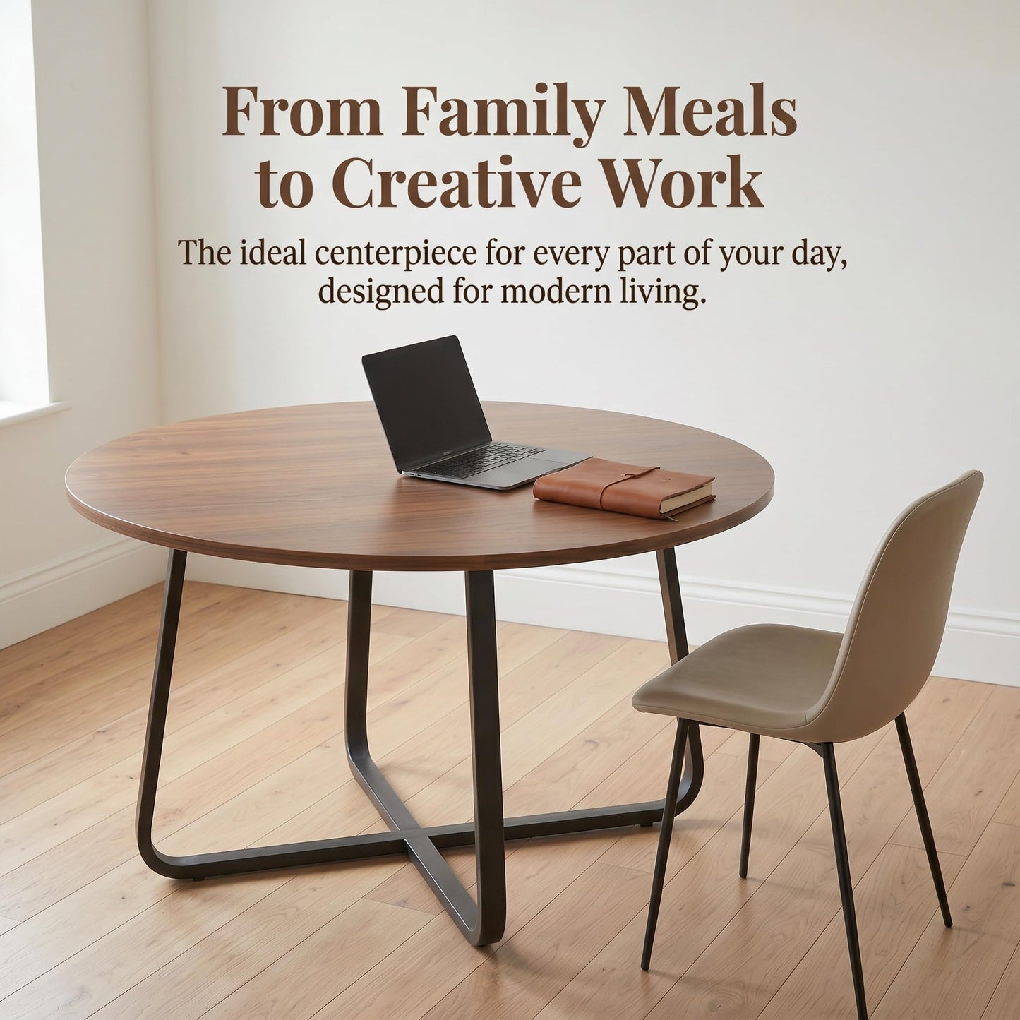 Turosur 47'' Round Dining Table with Walnut Wood Tabletop & Metal Legs