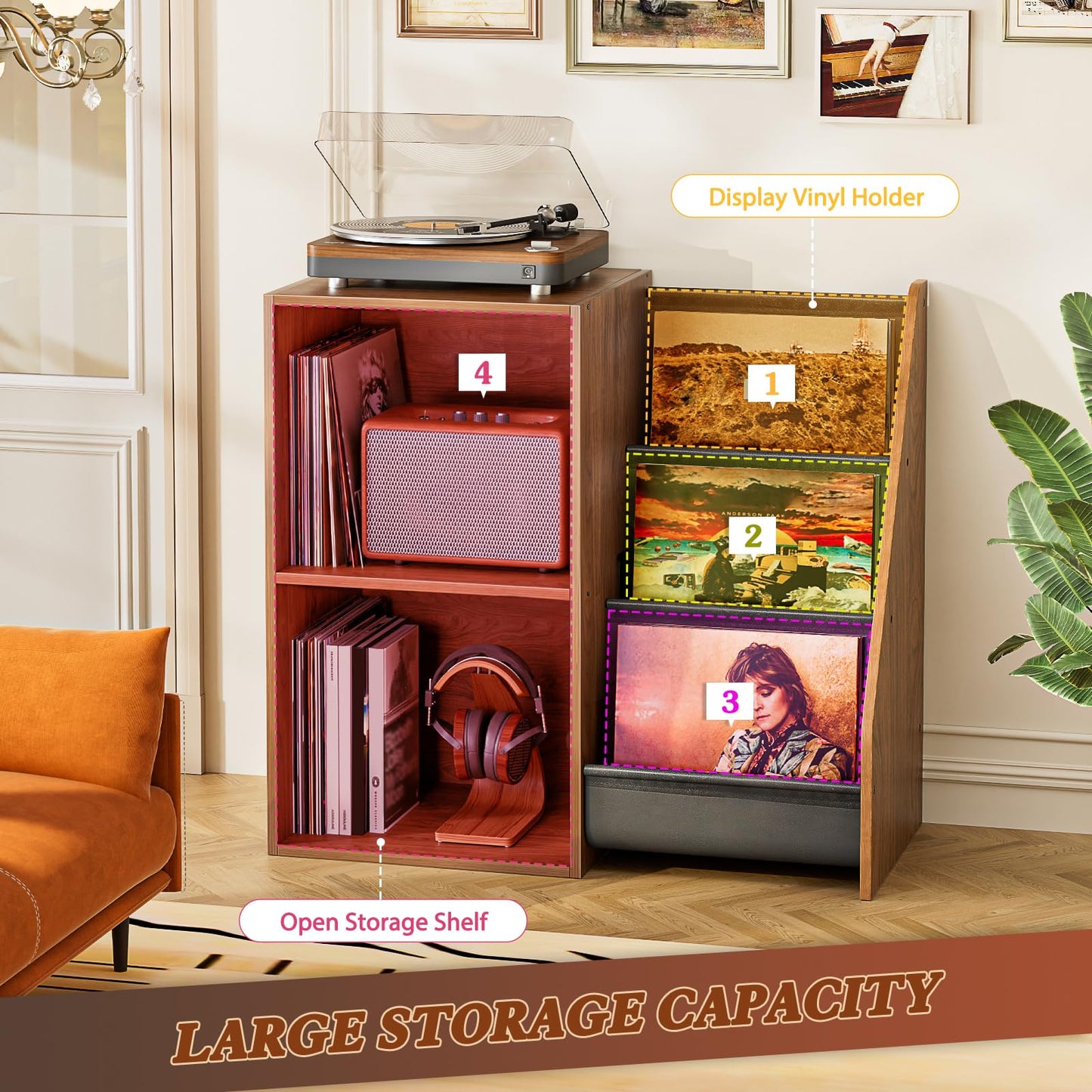 Bikoney Record Player Stand with 3-Tier Vinyl Storage for 220 LPs - Walnut