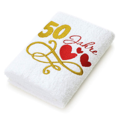 Gift Towel for 50th Birthday with Embroidered Hearts and 50 Years for Women and Ladies - 50th Anniversary Gift Idea