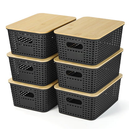 VIIHTYISA Plastic Storage Box with Bamboo Lid, Stackable Storage Baskets, Organizing Box for Shelves, Drawers, Desks, Cabinets, Playrooms and Offices