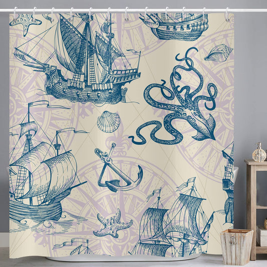 ASDCXZ Shower Curtain Maritim 180x200 cm, Maritime Nautical Sailboat Anchor Sea Animals Octopus Shells Washable Shower Curtains Polyester Textile