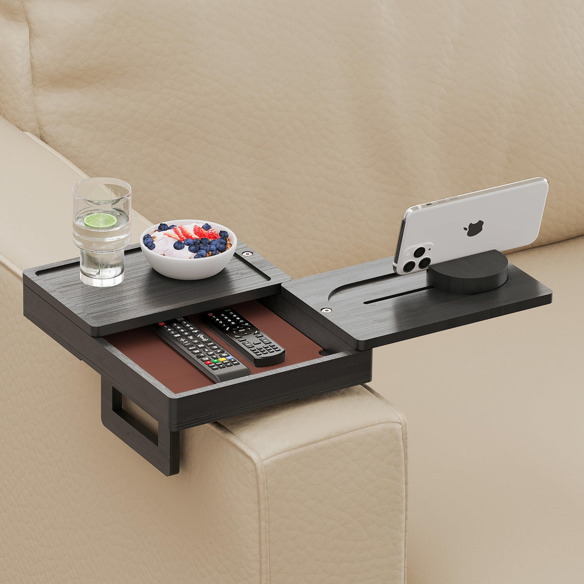 Wealone Black Couch Arm Tray with 2 Rotatable Tray, Adjustable Sofa Arm Clip Table with Storage Box & 360° Phone Holder