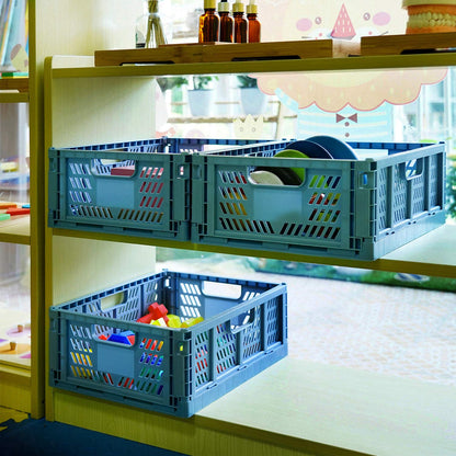 4 Pack Plastic Storage Crates Foldable Shelf Storage Basket Bins for Food Fruit Vegetables Snacks Bottles Toys Toiletries