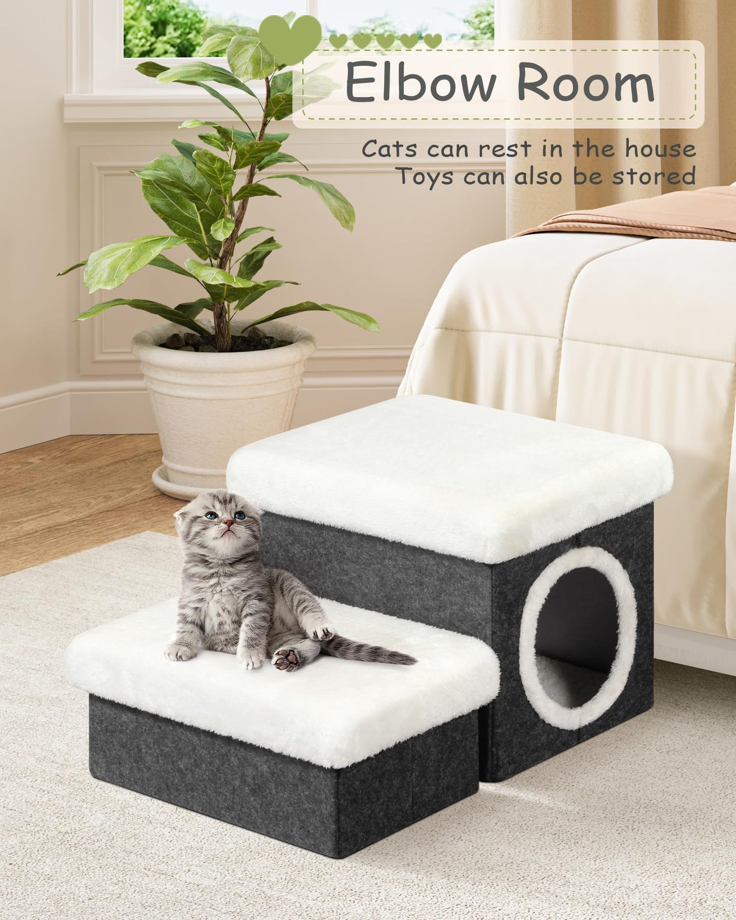 Bonlife Cat House Pet Stairs for Beds Sofa, Dog Bed for Indoor, Foldable Cat Climb Ladder with Storage,2-Tier Pet Steps with Toy Box,Dark