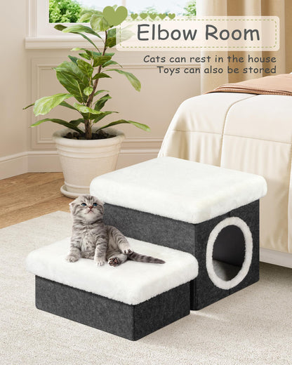 Bonlife Cat House Pet Stairs for Beds Sofa, Dog Bed for Indoor, Foldable Cat Climb Ladder with Storage,2-Tier Pet Steps with Toy Box,Dark
