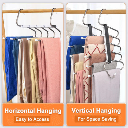 2 Pack Trouser Hangers Space Saving, 5-in-1 Trousers Hangers Non-Slip Clothes Hangers for Wardrobe