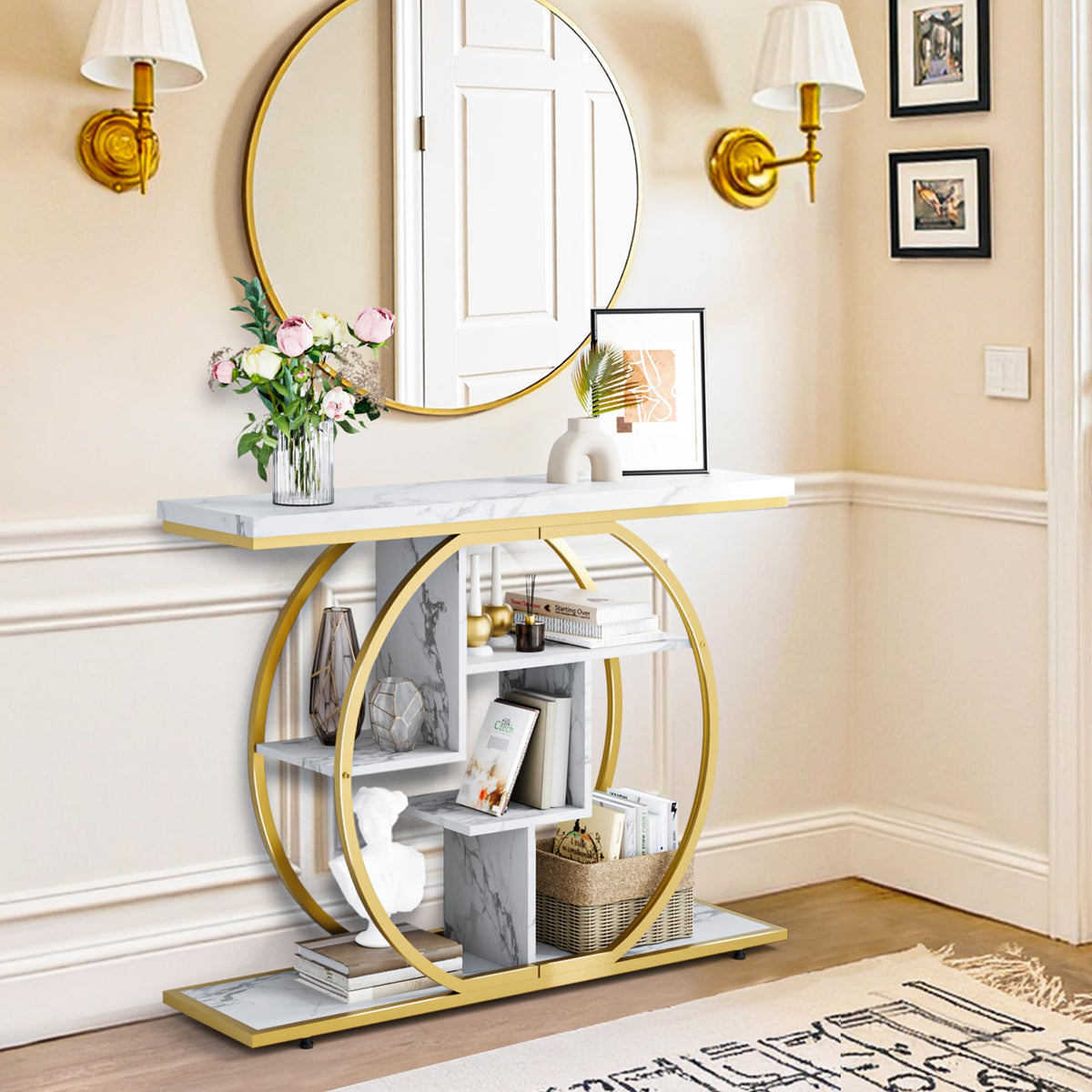 Pampaic Console Table, Hallway Table with 5-Tier Storage Shelves,105 x 30 x 80 cm, Entryway Table with Adjustable Foot Pads