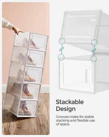 SONGMICS Shoe Boxes, Pack of 18 Stackable Shoe Storage Organisers, Foldable and Versatile for Sneakers, Fit up to UK Size 11.5, Transparent and White