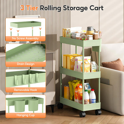 Shrivee 2 Extra Narrow Kitchen Trolley on Wheels 3 Levels Mobile Lightweight Carts Organizer for Toys (Green)