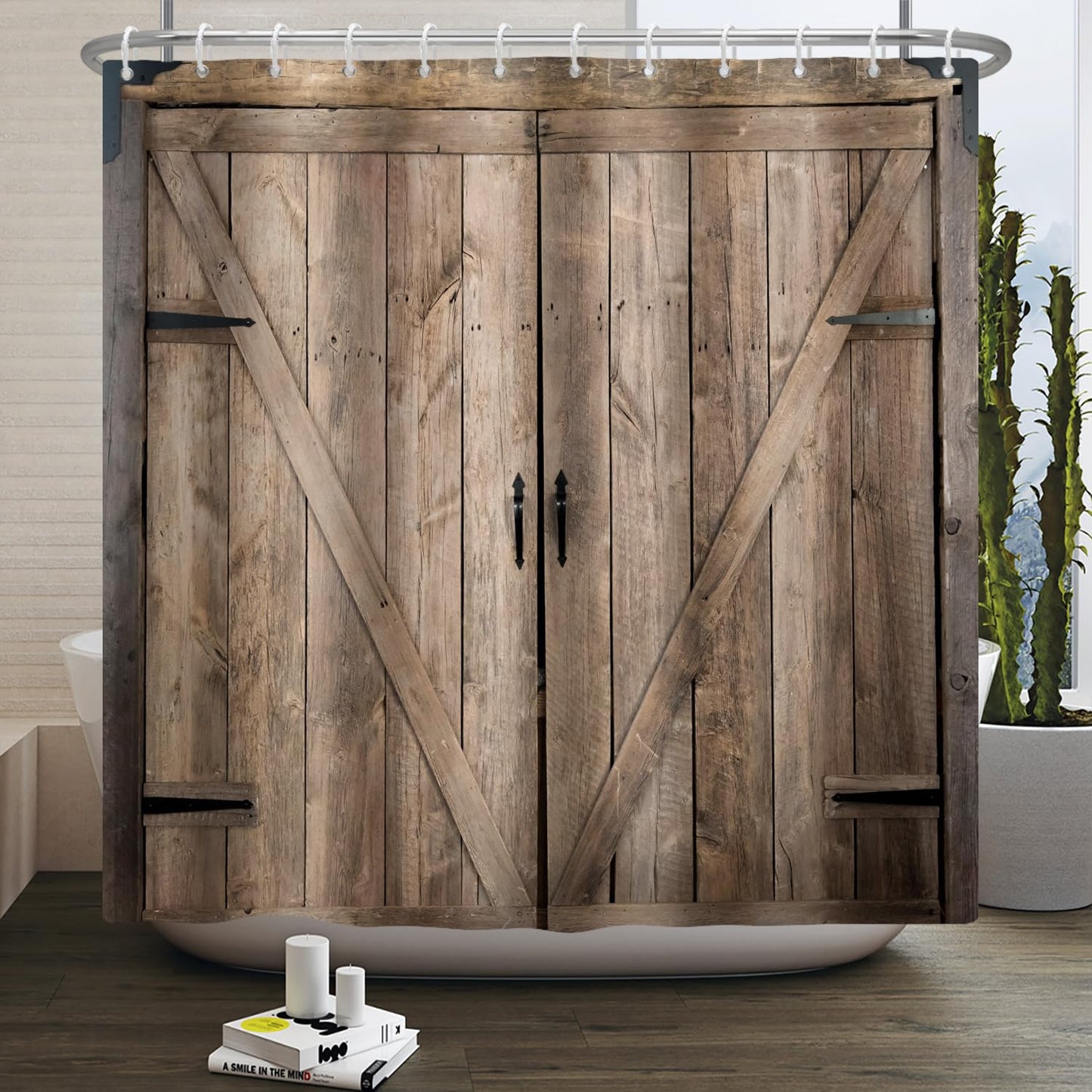 Kzzfqxb 183x183cm Wood Board Shower Curtains with Hooks, Vintage Retro Dark Brown Farmhouse Plank Barn Door Rural Occluded Waterproof for Bath,