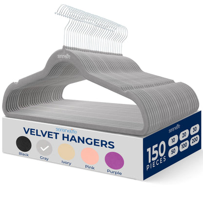 SereneLife Velvet Hangers, Gray, 150-Pack - Non-Slip Adult Coat Hangers