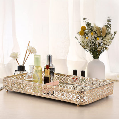 ELLDOO Gold Perfume Tray Mirror Tray Makeup Vanity Tray Hollow-Carved Jewelry Tray Glass Metal Trinket Storage Tray Home Organizer Decorative Tray