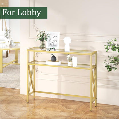 YMYNY Console Table, Tempered Glass Sofa Table, Industrial Entryway Table for Hallway, Narrow Sofa Table with Shelves