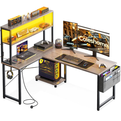 Coleshome L Shaped Gaming Desk with LED Lights & Power Outlet, Grey