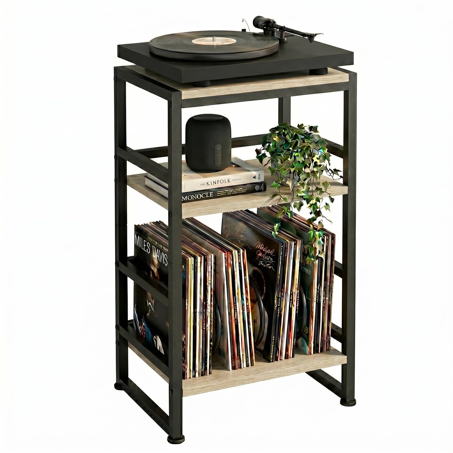 ZEXVIDA Vinyl Record Player Stand, 3-Tier End Table with Vinyl Record Storage, Record Player Table Holder Cabinet Up to 120 Albums for Living Room