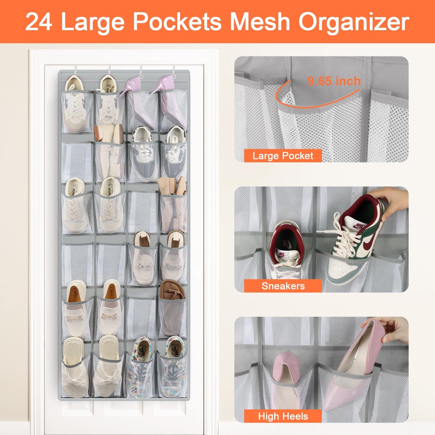 FENTEC Over Door Shoe Storage Organiser with 24 Large Mesh Pockets, Grey