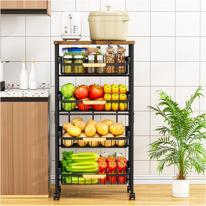 5-Tier Kitchen Trolley on Wheels, Vegetable Storage Rack