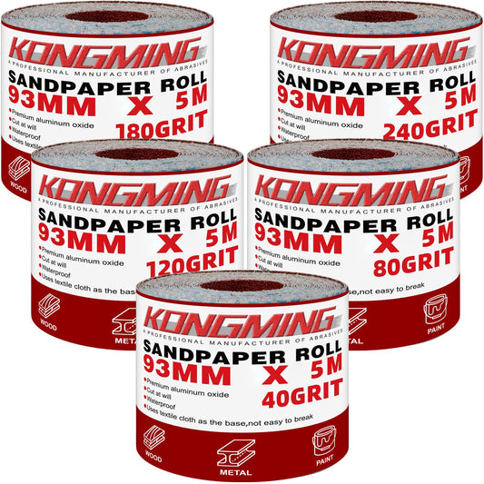 KONGMING Sandpaper Roll Set 5 Rolls 5m x 93mm Grit 40 80 120 180 240 Aluminium Oxide Abrasive for Sanding Wood Paint Plaster Filler Metal