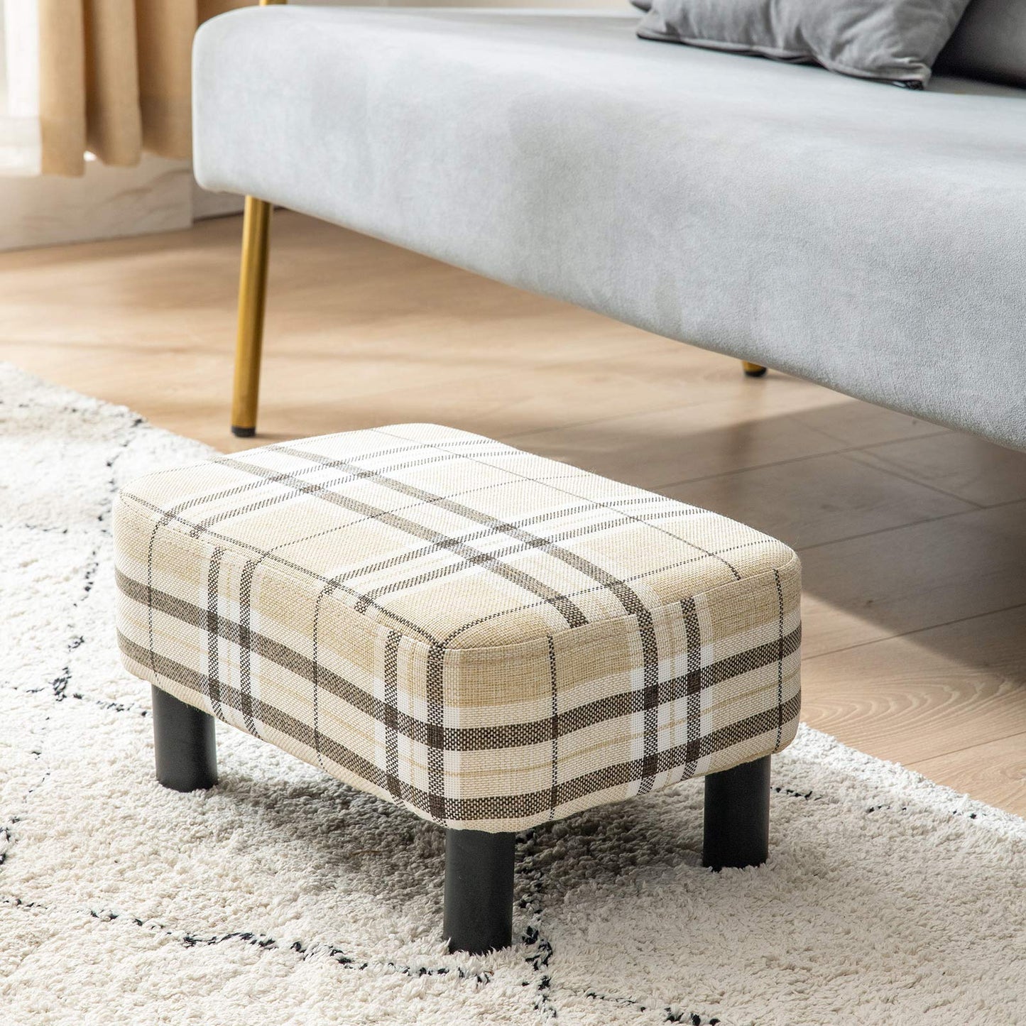 IBUYKE 16.54" Small Footstool Linen Fabric Pouf Ottoman Footrest Modern Home Living Room Bedroom Rectangular Stool, with Padded Seat Pine Wood Legs