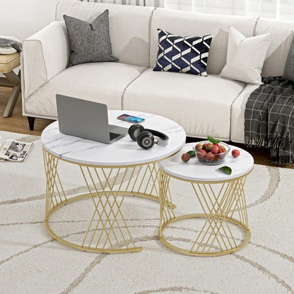 Skokliz Round Coffee Tables, Set of 2 Nesting tables for Living Room, Multi-functional Side Table with Gold Metal Frame for Bedroom Office Apartment
