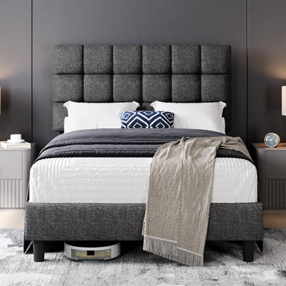 Yaheetech 4ft Small Double Bed Frame, Upholstered Headboard, Dark Gray