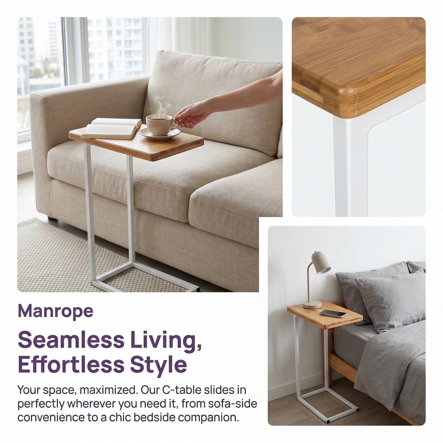 bonVIVO Small Side Table, Stable C-Shaped End Table for Bedside, Modern Coffee Table with Sturdy Metal Frame & Wooden Top